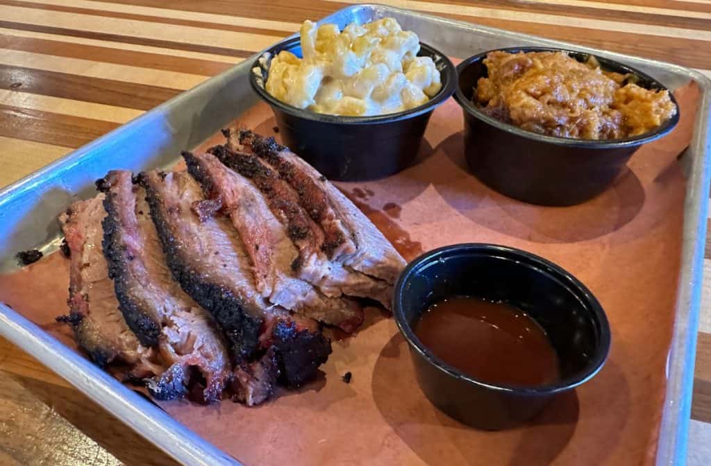 BBQ in Asheville NC Bears Smokehouse Brisket, Mac & Cheese and Sweet Potatoes