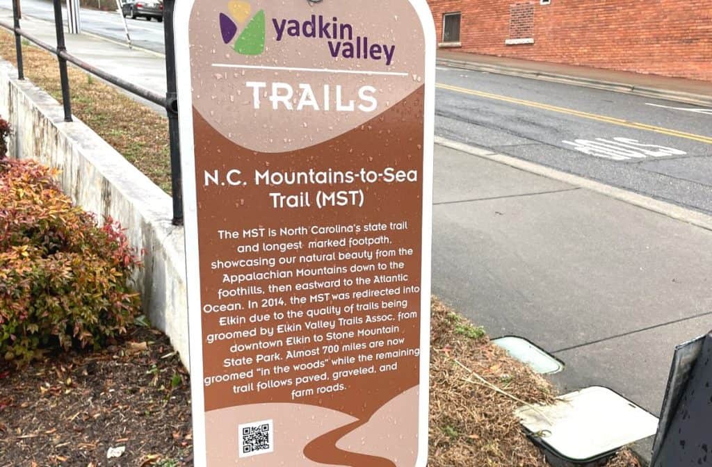 Downtown Elkin NC sign for Mountains to Sea Trail